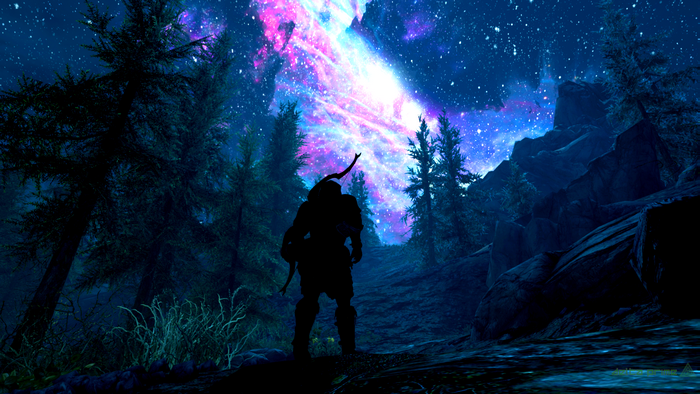 Dragonborn in a forest under a galaxy sky