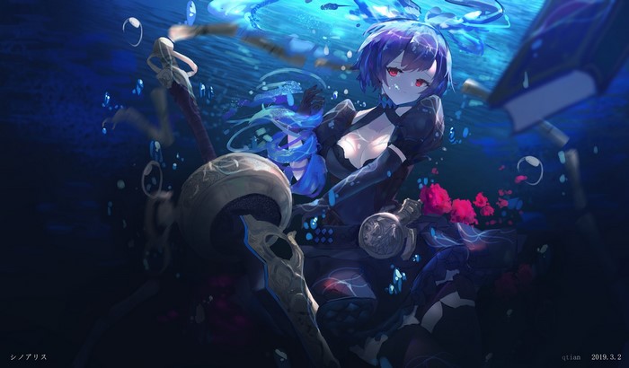 Anime girl with blue hair underwater