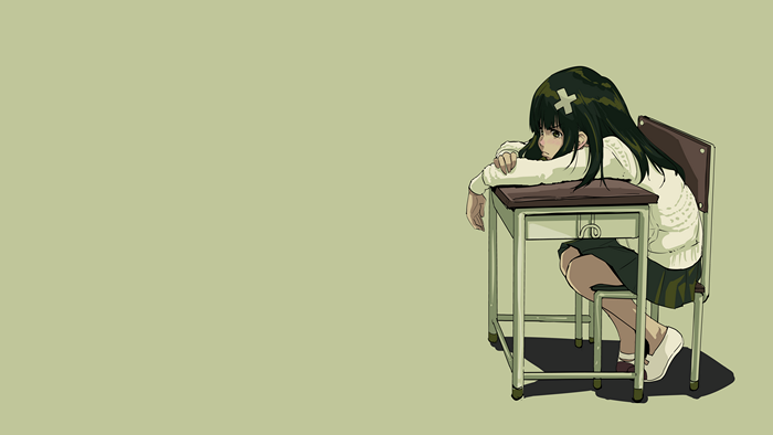 Anime girl with dark hair at a desk