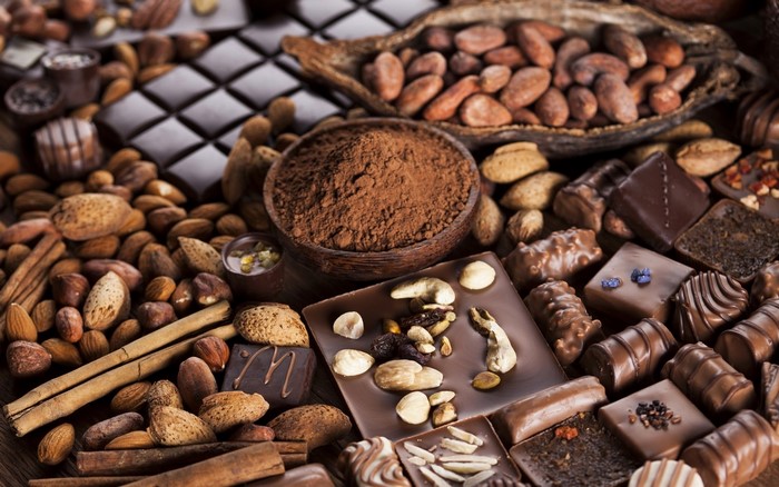 Assortment of chocolates, nuts, and cocoa powder