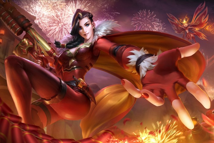 Tyra from Paladins with fireworks
