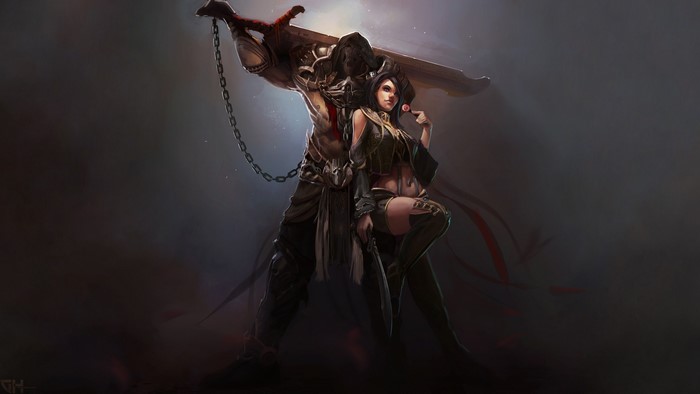Warrior with sword and woman with lollipop