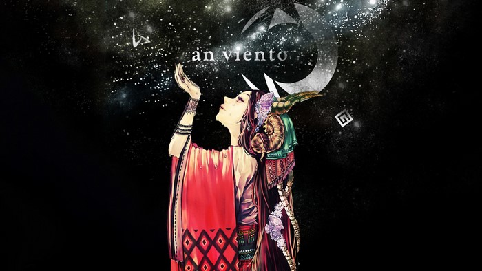 Woman with horns and traditional clothing under the stars