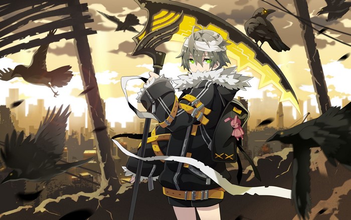 Anime boy with scythe in ruined city