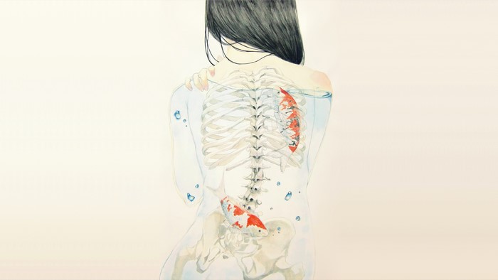 Woman's back with skeleton and koi fish in water