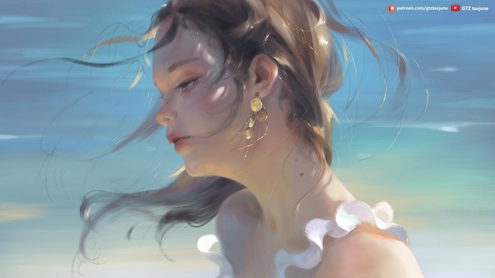 Portrait of a woman with long hair in the wind by Taejune Kim