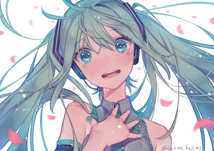 Hatsune Miku from Vocaloid crying with petals