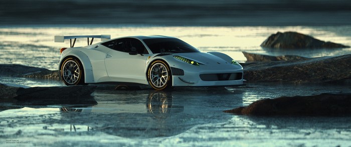 White race car on wet ground
