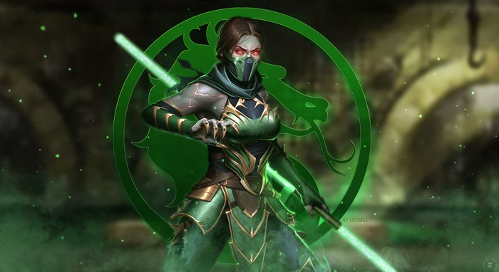 Jade from Mortal Kombat 11 with green weapons