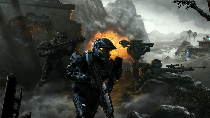 Halo Spartans in combat with explosion