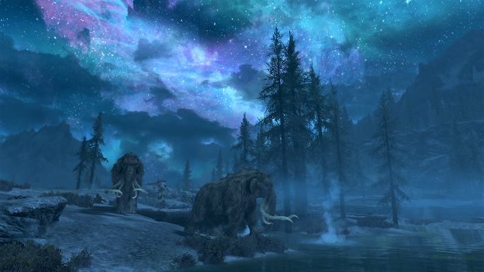 Mammoths under Aurora in The Elder Scrolls V: Skyrim