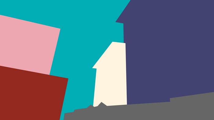 Abstract shapes in purple, cyan, pink, and cream