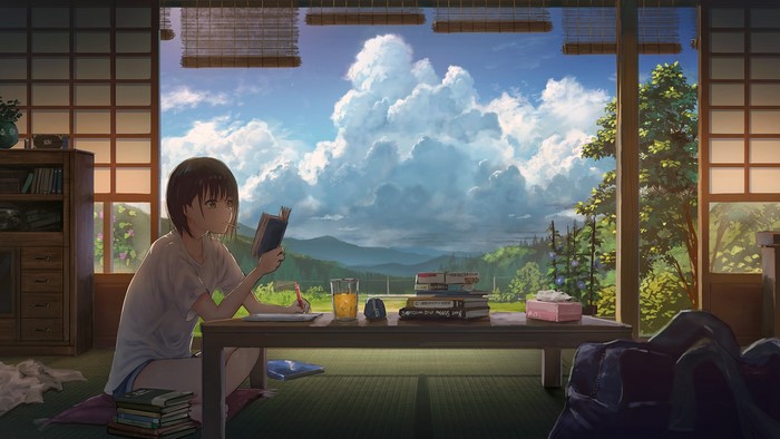 Anime girl reading and studying by a window with a scenic view