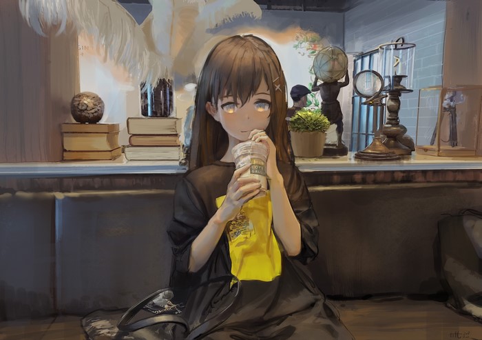 Anime girl drinking from a cup in a cafe