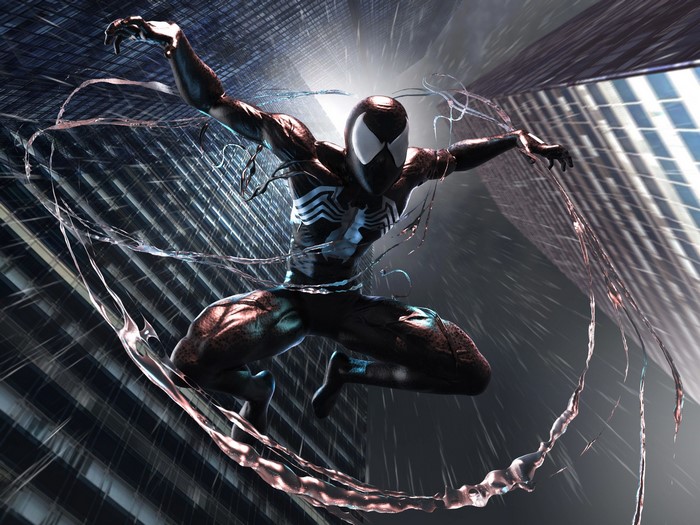 Spider-Man in Symbiote Suit swinging through city