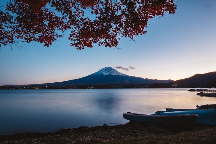 Mount Fuji over Lake Kawaguchiko at dusk