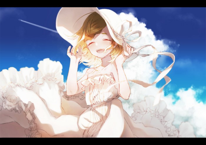 Anime girl in white dress and hat under blue sky