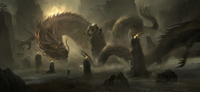 Chinese dragon in a misty mountain landscape with torches