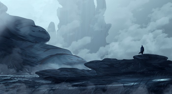 Monochrome fantasy landscape with a lone figure