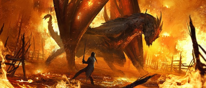 Dragon vs Warrior in a Burning City