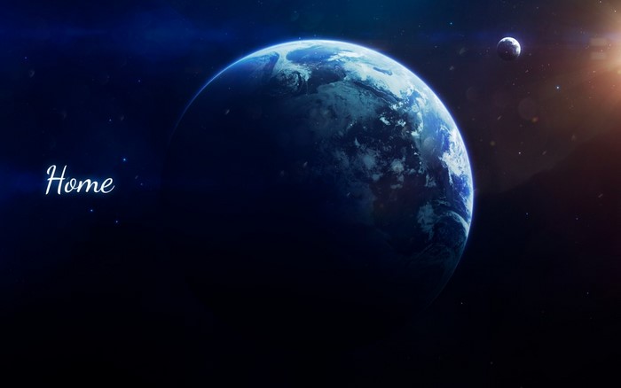 Earth and Moon in Space with Text 'Home'