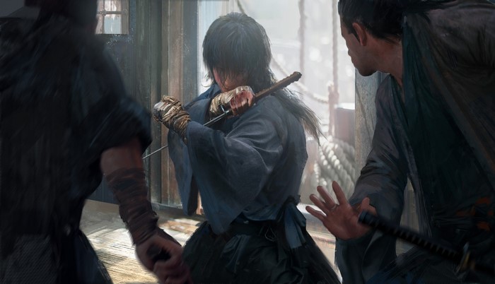 Samurai warrior in blue robes fighting with a sword