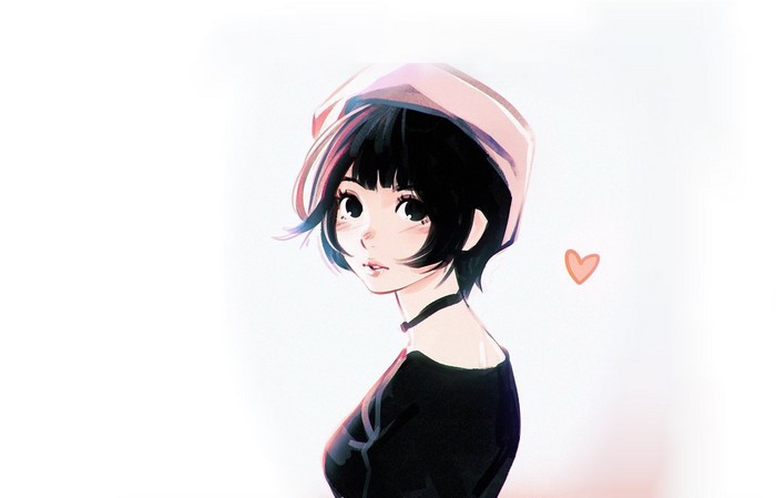 Anime girl with black hair and pink hat