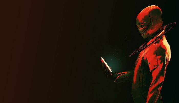 Artwork of a red robot holding a glowing device