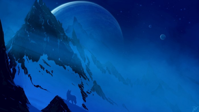 Wolf on a snowy mountain under a large planet