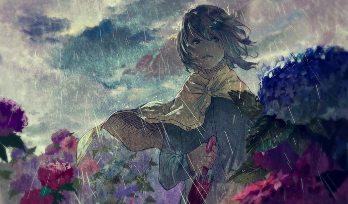 Anime girl in rain holding umbrella among flowers