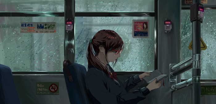 Anime girl reading on a bus in the rain