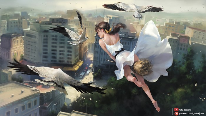 Witch flying on a broomstick with birds over a city