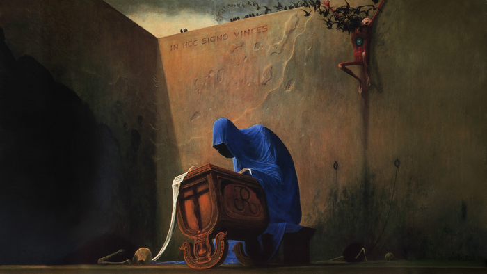 Surreal painting of a cloaked figure and a crucified figure