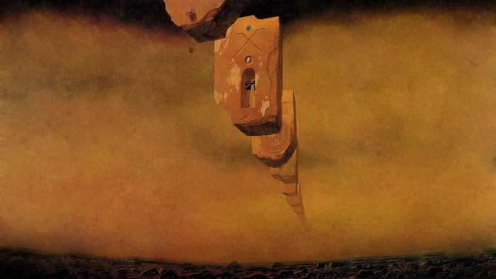 Surreal painting of floating stone structures