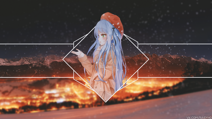 Anime girl with blue hair and orange coat in winter landscape