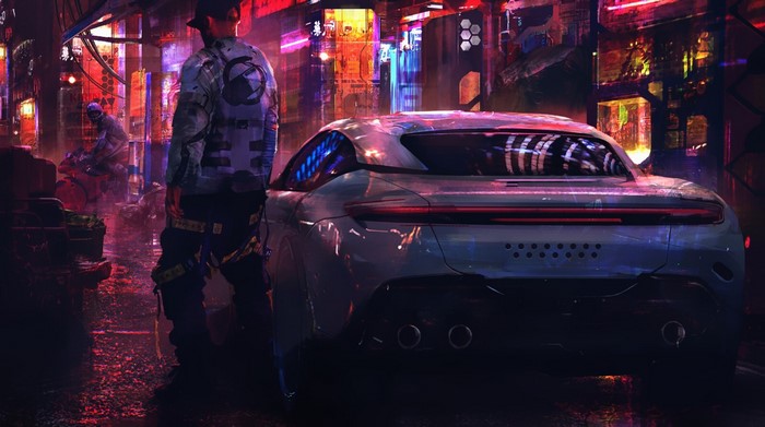 Cyberpunk street scene with a man and a futuristic car