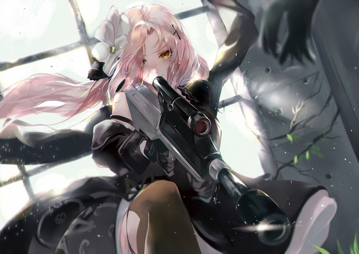 Anime girl with pink hair holding a sniper rifle