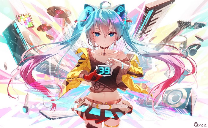 Hatsune Miku from Vocaloid with musical instruments