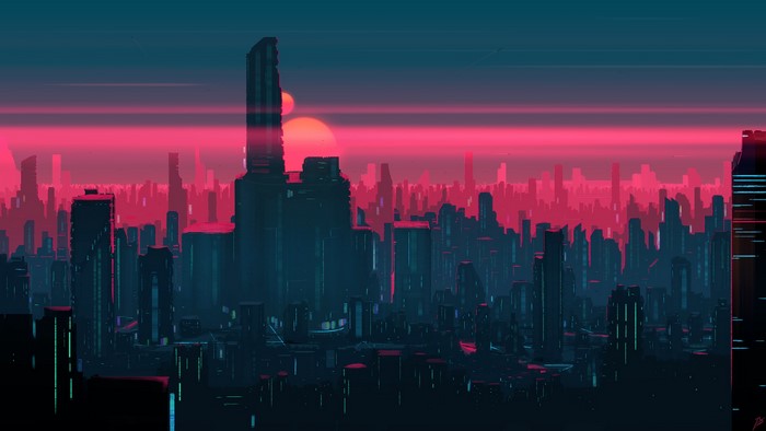 Futuristic cityscape with twin suns at sunset