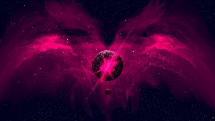 Planet with pink nebula and stars