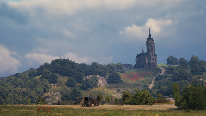 Church and tractor in World of Tanks landscape