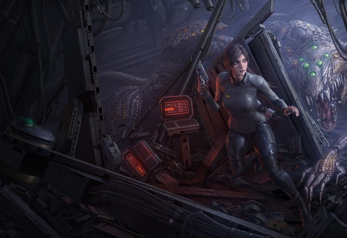 Woman with gun facing a creature in a destroyed spaceship