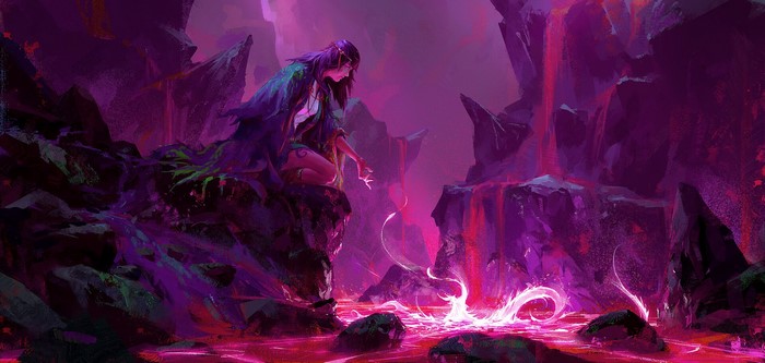 Woman in purple landscape with magical water