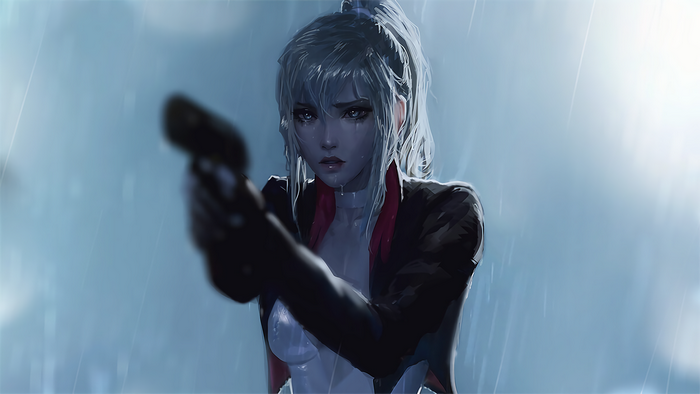 Woman with ponytail holding a pistol in the rain