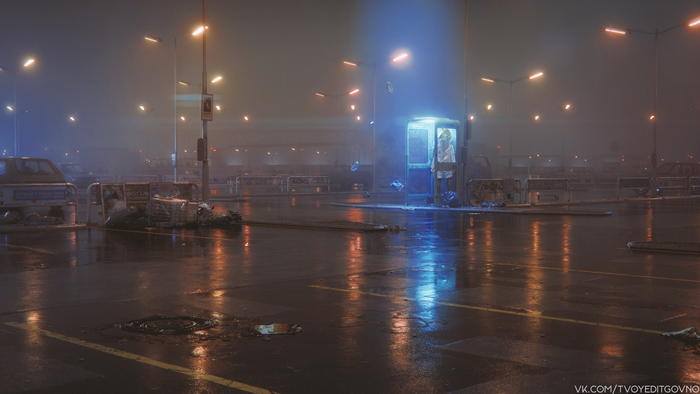 4K anime night parking lot with phone booth