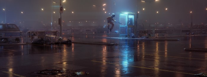 Astronaut in a phone box at night