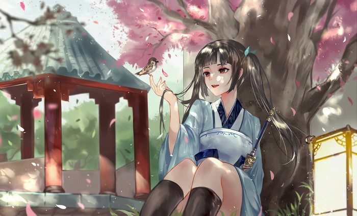 Anime girl with twintails and sparrow under cherry blossom tree