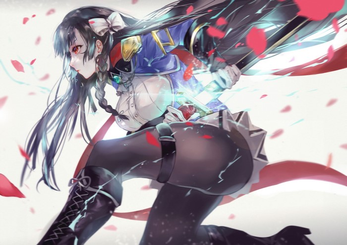 Anime girl with black hair and red eyes holding a katana