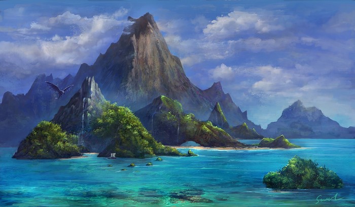 Fantasy island with dragon and mountains