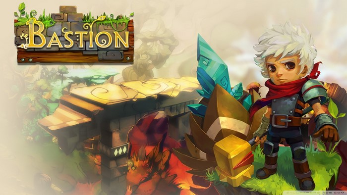 Bastion video game art with character and crystals